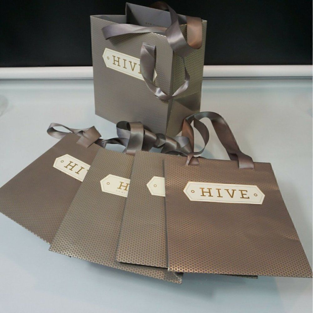 Hive Boutique Store Totes 5 Paper Gift Bags Rope Handles Gray Gold